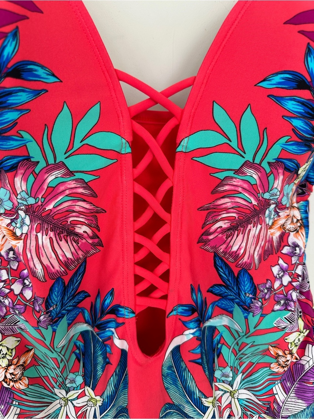 Kenneth Cole Pink & Blue Floral One-Piece Swimsuit with Lattice Front - Picture 2 of 12